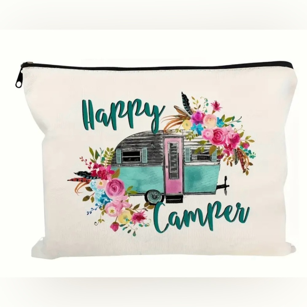 Cute Happy Camper cosmetic make up bag make up Zipper canvas Clutch Flowers NEW